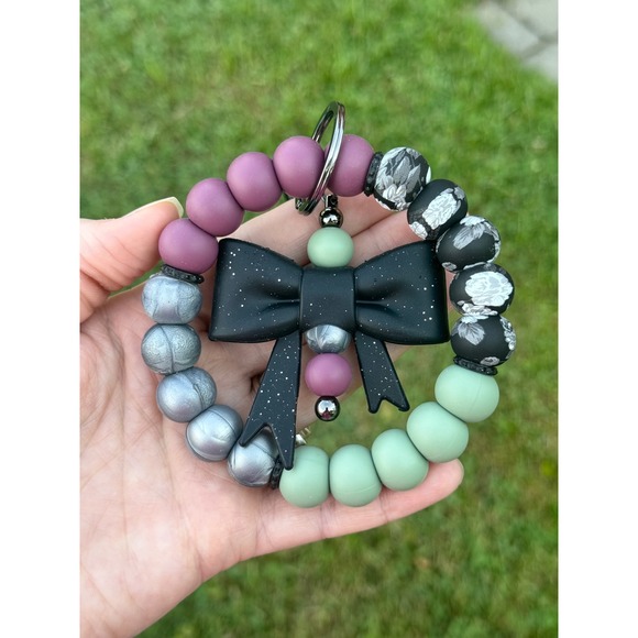 Handmade Accessories - Silicone Bead Wristlet Keychain with Black Bow Charm Dark Academia Floral
